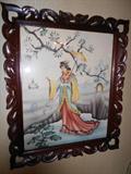 Oriental Watercolor.Mahogany Fretwork Frame