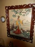 Oriental Watercolor.Mahogany Fretwork Frame
