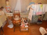 1876 Antique Oak/High Chair turns into Stroller
MORE DOLLS, BLANKETS!!