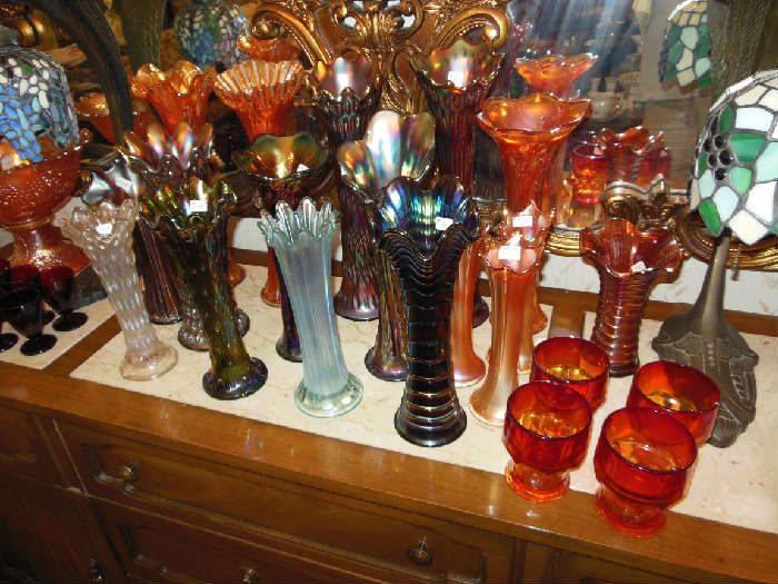 Alot of vases/carnvial glass has sold..but there are still pieces available.
Both Stained Glass lamps in pictures have sold