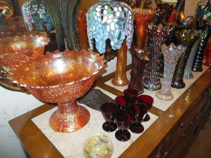Punch bowl and some vases remain as well as the Sideboard with Marble Top.Lamp shown in picture has sold.