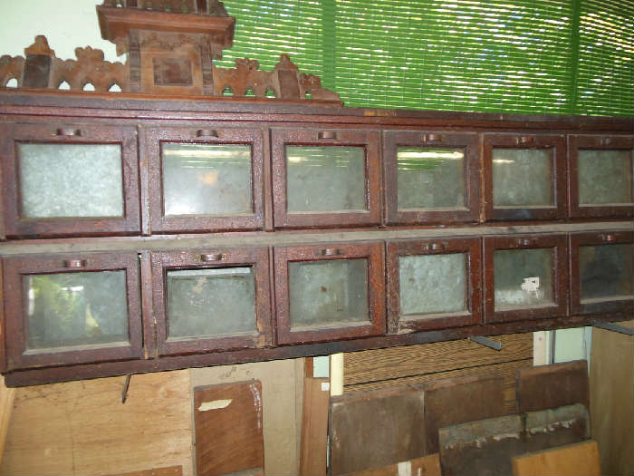 Antique Mahogany Candy or General Store Display with Original Tin Bins,Original Glass Panes
