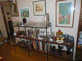 Mid Century Glass /Wood Shelving Unit,Wrought Iron Frame has sold.
Much crystal,glassware, still available.