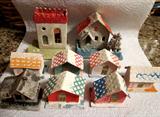 Pre-WWII cardboard & mica glitter Christmas putz houses