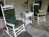 Pair of wood rockers, rattan table
