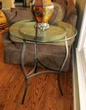 Glass top, wrought iron base side table