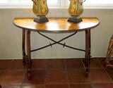 Half-round table, solid wood, wrought iron braces, birds eye maple veneer top