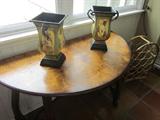Half-round table, solid wood, wrought iron braces, birds eye maple veneer top