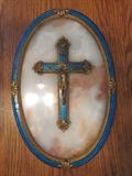 Antique (1800') French Crucifix on marble, bronze decorations, enameled ... large 13" x 9", very heavy!