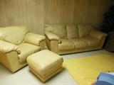 Custom Made Walter E.Smith Two Toned Leather Sofa,Love Seat,Arm Chair with Matching Ottoman.Made In Italy