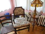 Antique Chairs,Victorian Spindel Table(has sold) and A HEAVY VIntage
Brass Base/Stained Glass Lamp