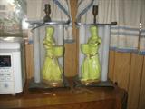 Ultimate Kitsch Pr. Lucite Ceramic Moss San Fransciso Nubian Chartreuse Ceramic Lamps in Arabaian Costume made by Lamirade.