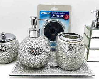 Nanette Lepore 4 Piece Mirrored Bathroom Set, Liquid Soap Dispenser With Rhinestones & New Compact Mirror
Lot #: 171