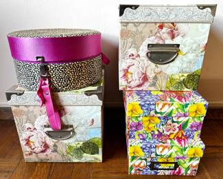Fabric Covered Hat Box & 5 Floral Cardboard Storage Boxes
Lot #: 188