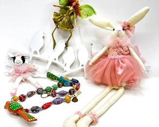 Fairy Ornament, Ballerina Bunny & Cow, Wood Bird Wall Hanging & Folk Art Bird Garland
Lot #: 169