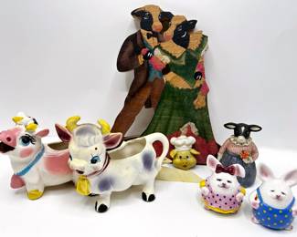 Vintage Cow Creamers, Bunny Salt & Pepper Shakers, Folk Art Cow Couple Wood Art & More
Lot #: 132