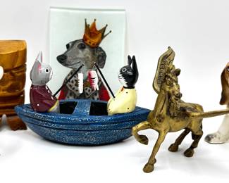 Hand Painted Glass Plate With Dog, Folk Art Fishing Cats, Bronze Pegasus & Other Animal Figurines
Lot #: 131
