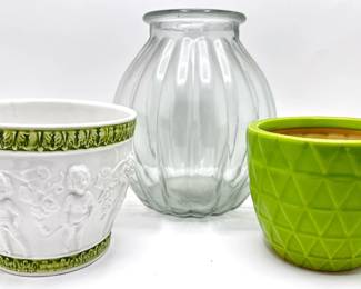 Italian Planter With Figurines, Green Planter & Large Glass Vase
Lot #: 104