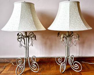 Pair Wrought Iron Table Lamps With Leaves, Crystals & Fabric Shades
Lot #: 78