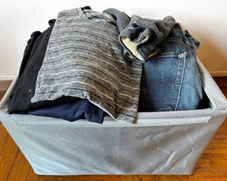 Over 30 Assorted Men's Clothing In Reisensthel Canvas Bin, Including Blue Jeans
Lot #: 22