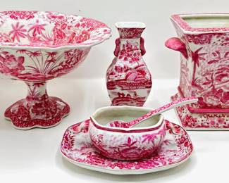 Vintage Asian 6 Piece Set: Pedestal Bowl, Vases & Soup Bowl With Saucer & Spoon
Lot #: 92