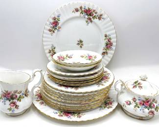 Vintage Royal Albert Bone China Moss Rose Pattern With Gold Accents: Plates, Creamer & Sugar Bowl
Lot #: 34
