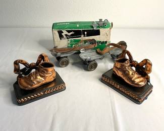 Bronze Shoe Bookends & Roller Skates