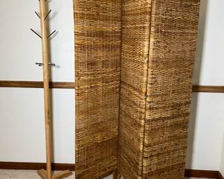 Folding Wicker Screen & Wooden Coat Rack