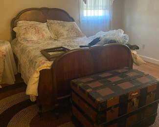 Steamer trunk, 1920’s wood headboard and footboard