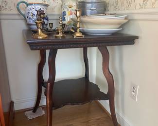 Antique 2-tier table, brass candlesticks