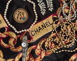 Chanel scarf Miriam Haskell brooch