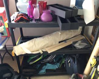 Bolt of gauze, wooden skewers, vases, rectangular pots