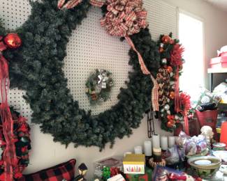 Christmas wreaths, large is 51” dia, 3 are 20” dia and the ribbon one is 22”