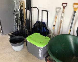 Coleman cooler, shovels