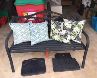 Bench, 50” x 35” high x 23”, rubber car mats, patio pillows