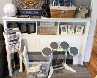 Queen size headboard, wii lot, prints, basket & bric a brac