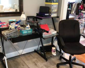 Desk, shelf, office chair, lamp and bric a brac