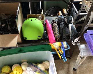 Umbrellas, helmets, balls, box of outside lights