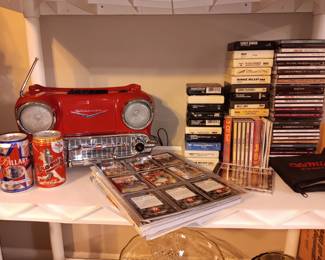 1957 Chevy radio, cassette player, collectible coke cans