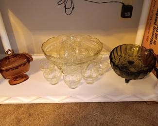 glass punch bowl, 70's colored glassware