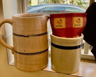 Blue Stripe Stoneware Pitcher and Utensil Holder