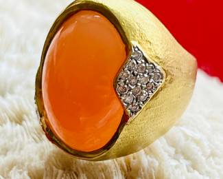 Large and chunky vintage textured 18k peach moonstone, and diamond pavé ring. 