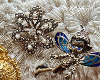 Vintage enamel, pin, Victorian style seed, pearl and small diamond pin