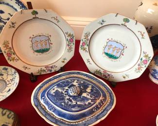 To quote 2 different Ai recommendations “Pair of Chinese Export armorial plates featuring the coat of arms of the Irvine family, likely dating back to the mid-18th century. “depict three "wild men" or "savages" holding clubs, a motif sometimes associated with strength or wilderness.”
“depicting three "wild men" or "savages" holding clubs. The specific coat of arms likely belongs to a European family, possibly the Irvine family, as a similar design appears on a tea set made for Alexander Irvine, 17th Laird of Drum, around 1750. To identify the exact family, researching the origin of the piece or contacting the College of Arms in England is recommended.”
