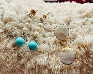 Yellow gold, pearl, and turquoise drops a pair of pearl studs.