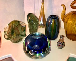 Labino glass, broken trumpet vase in back 