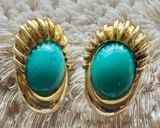 A pair of ladies yellow gold and turquoise omega back earrings. 