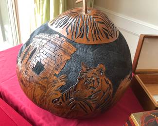 Very large carved gourd with tiger, motif, one solid piece, no lid