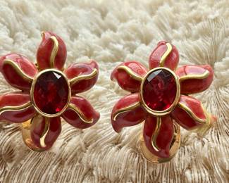 18 karat enamel pair of floral swirl Pink Rubilite clips. 