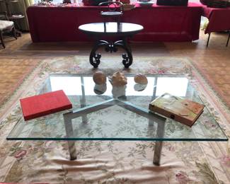 Barcelona style glass and steel coffee table